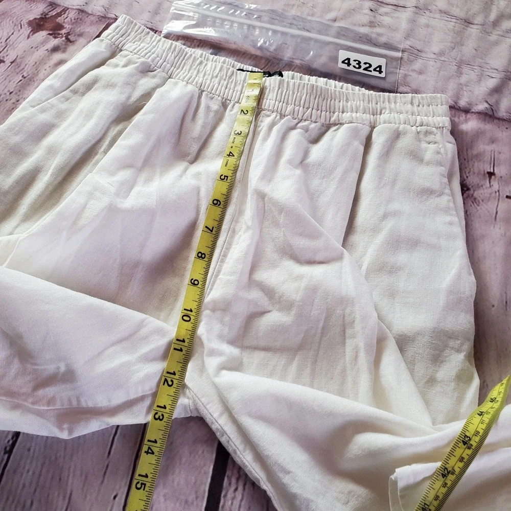 Zara Linen White Pants Wide-leg High-waisted Pull-on Elastic Waist Pockets Med